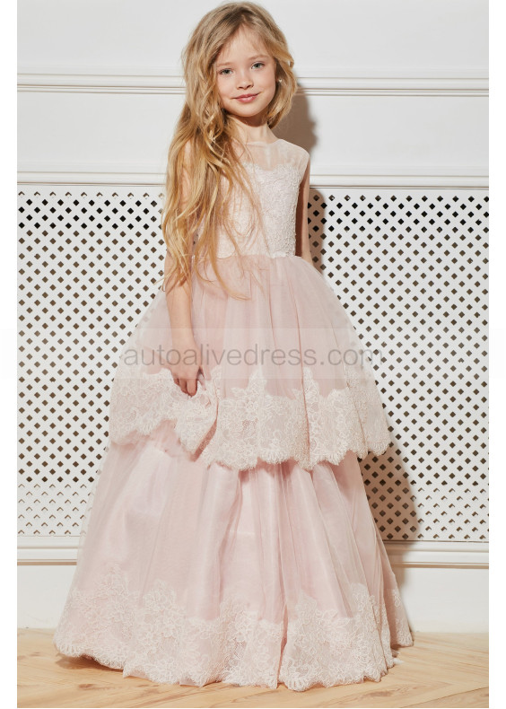 Blush Pink Lace Tulle Tiered Sweet Flower Girl Dress